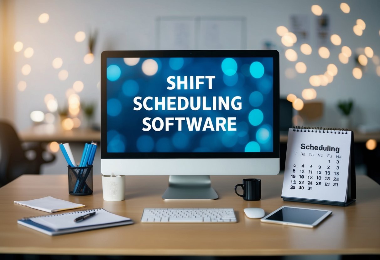 Ein Schreibtisch mit einem Computer, der eine Schichtplanungssoftware anzeigt, umgeben von Büromaterialien und einem Kalender
