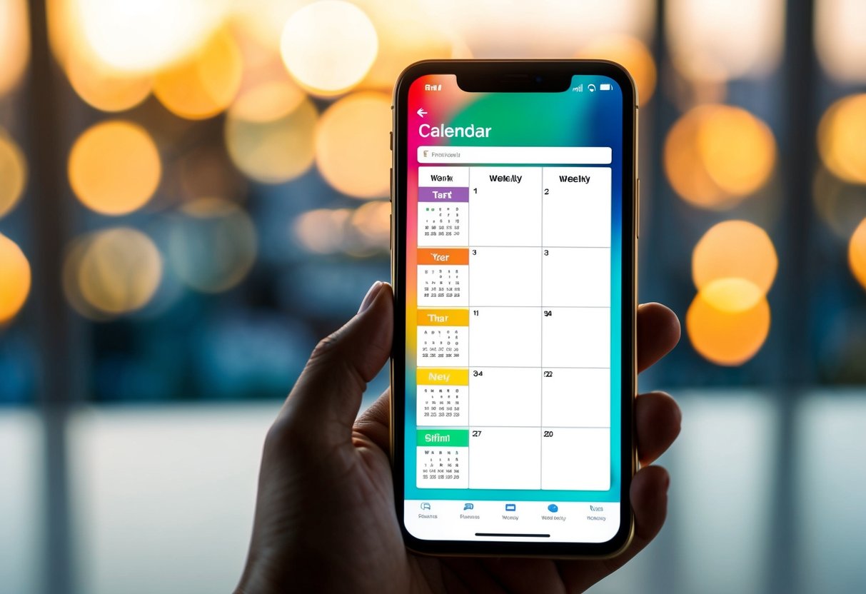 Ein Smartphone mit einer bunten Kalender-App geöffnet, die einen wöchentlichen Arbeitszeitplan anzeigt.