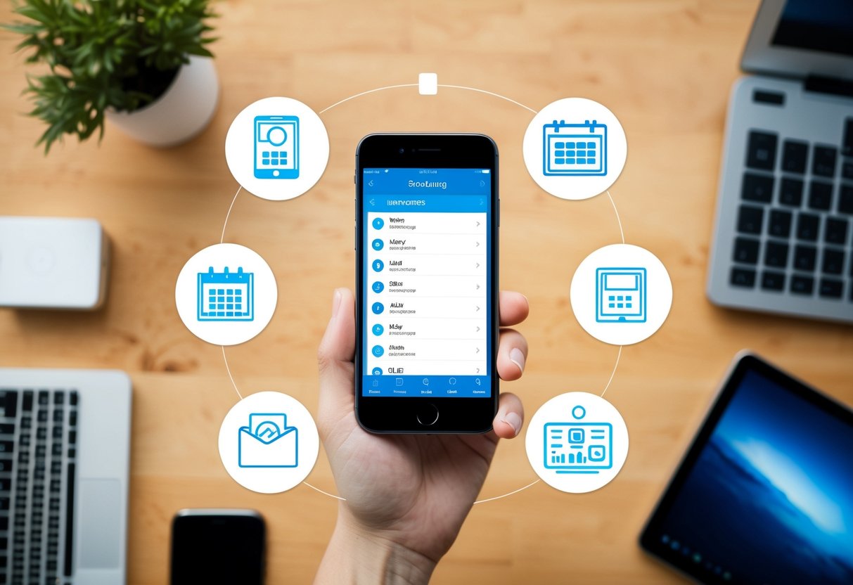 Ein Smartphone, das eine Terminplanungs-App anzeigt, umgeben von verschiedenen elektronischen Geräten und Symbolen, die Kompatibilität darstellen.