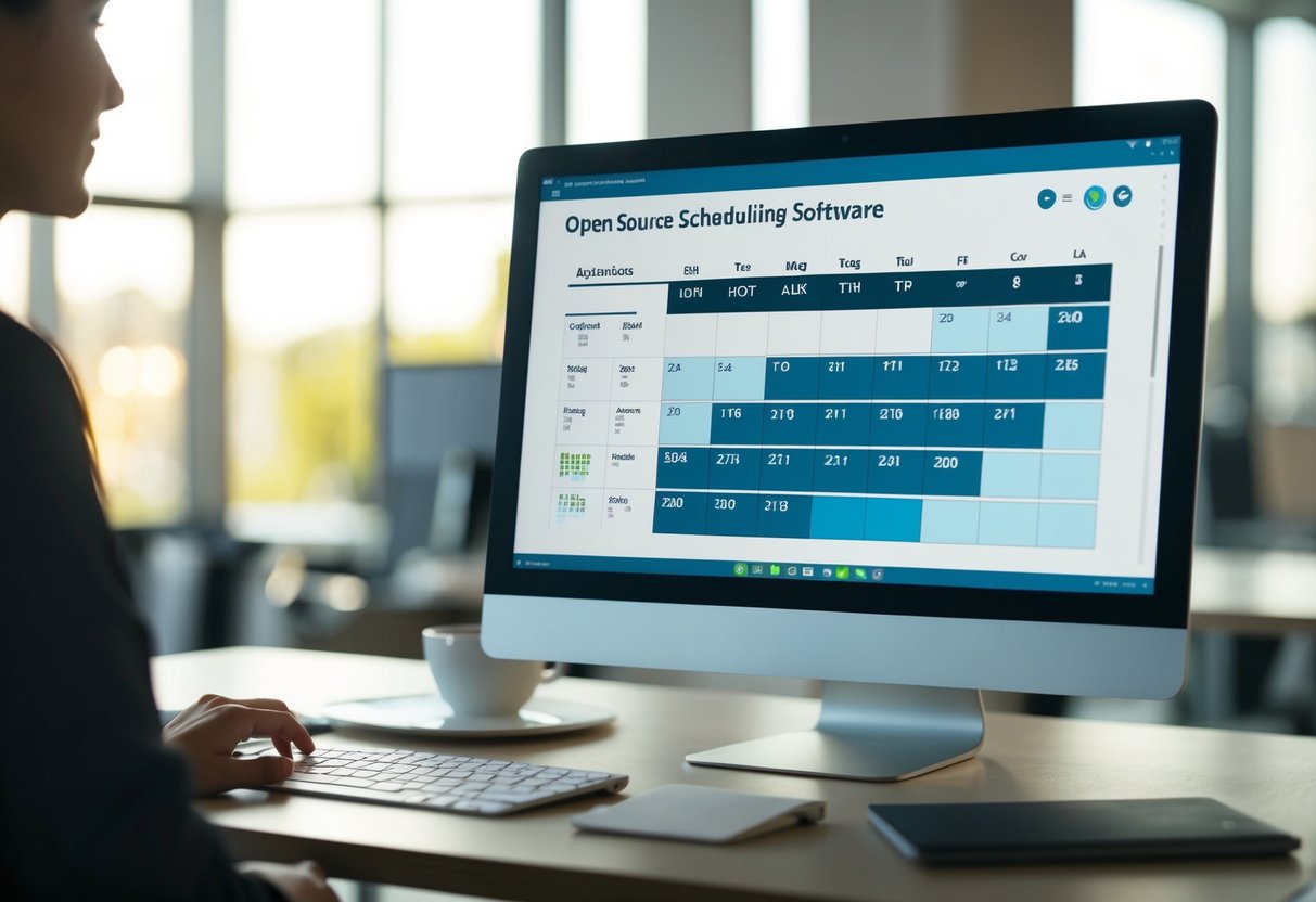 Ein Computerbildschirm, der Open-Source-Planungssoftware mit einem Kalender, Schichtzuweisungen und Mitarbeiterinformationen anzeigt.