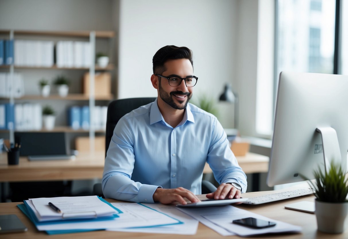 Ein Kleinunternehmer sitzt an einem Schreibtisch, umgeben von Papierkram und einem Computer, während er eine Abrechnungssoftware für kleine Unternehmen verwendet.