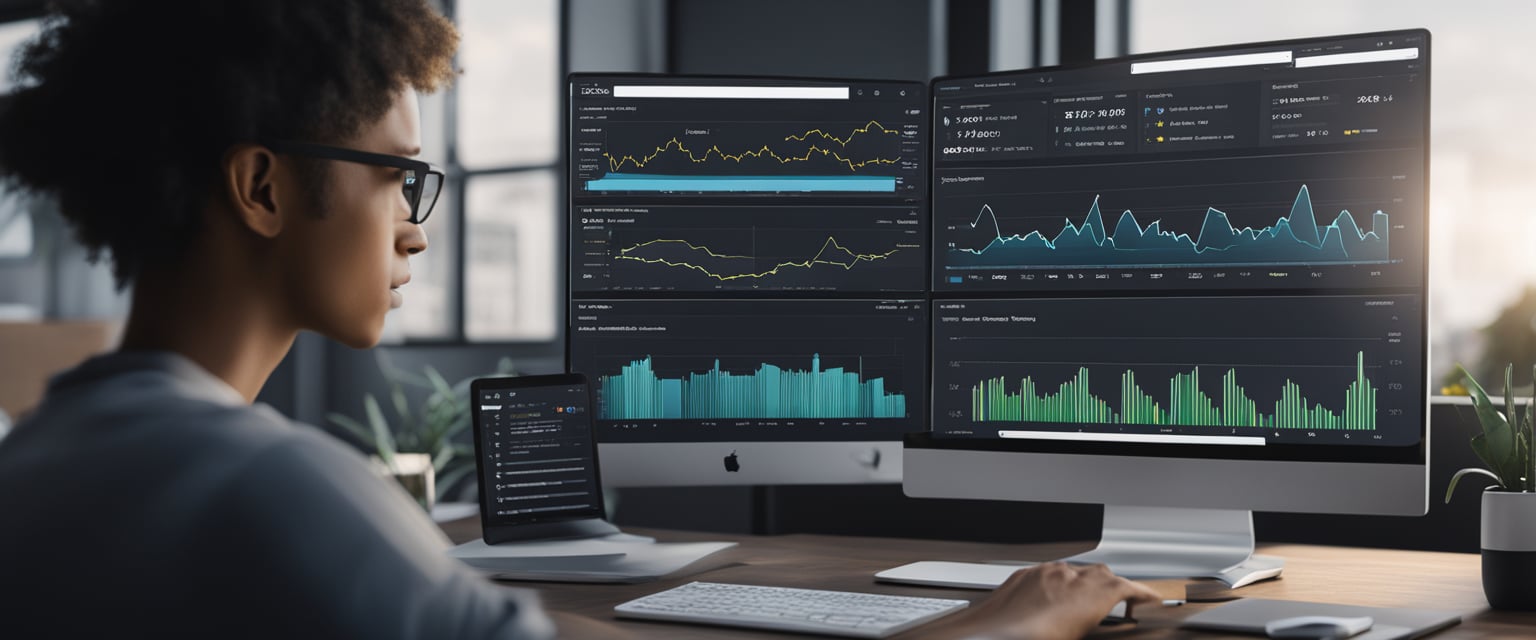 Ein Computerbildschirm mit geöffnetem Google Analytics-Dashboard, umgeben von Diagrammen und Grafiken, mit einer Person, die auf einer Tastatur tippt.
