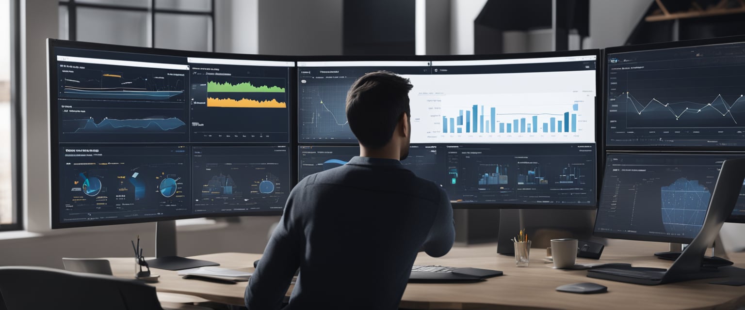 Eine Person, die Daten auf einem Computerbildschirm mit verschiedenen Diagrammen und Grafiken analysiert, während ein Google Analytics-Logo in der Ecke sichtbar ist.