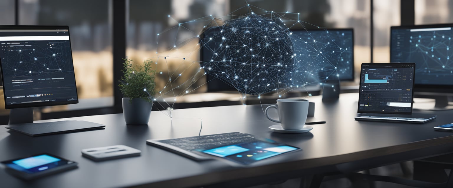 Ein komplexes Netz von miteinander verbundenen digitalen Geräten und Datenpunkten, mit Google Analytics im Zentrum