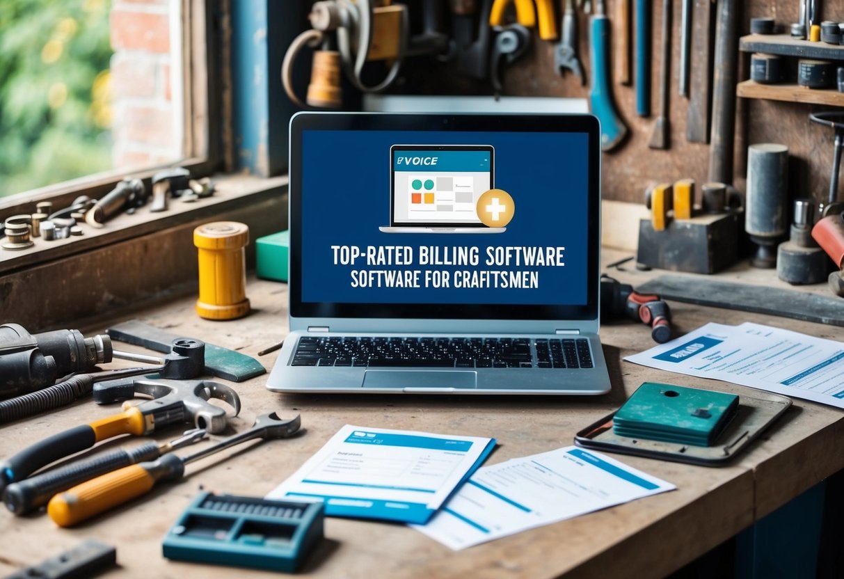 Eine unordentliche Werkbank mit Werkzeugen, Rechnungen und einem Laptop, der eine hoch bewertete Abrechnungssoftware für Handwerker anzeigt.