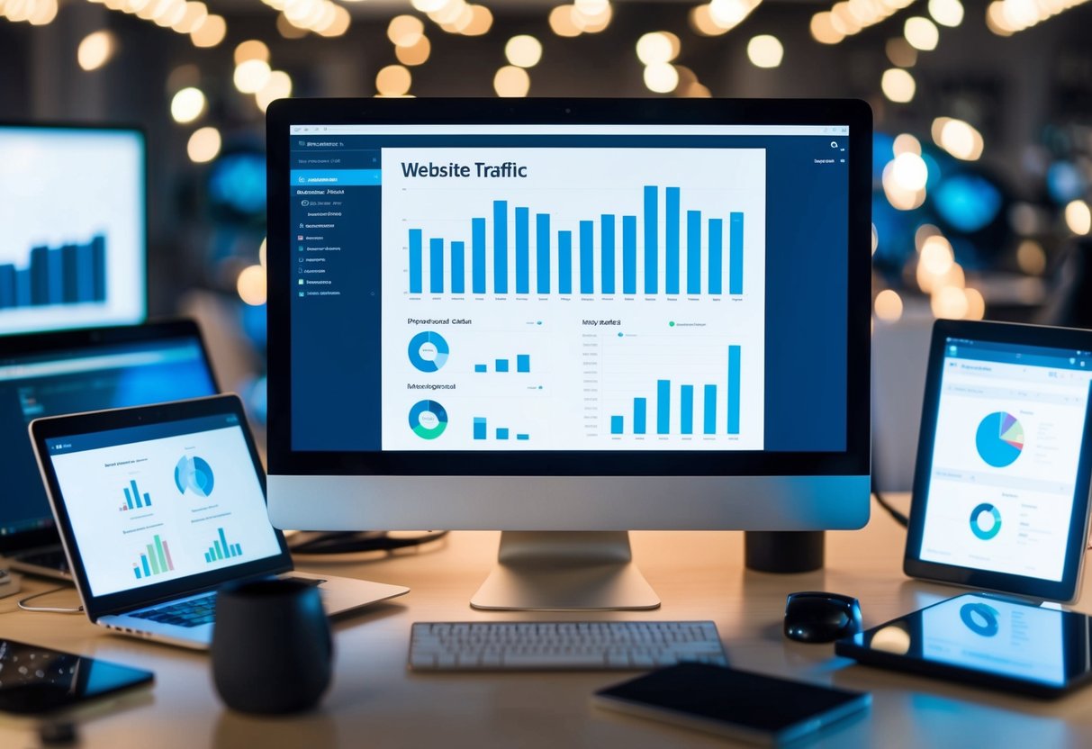 Ein Computerbildschirm, der Website-Verkehrsdaten mit einem Diagramm und Grafiken anzeigt, umgeben von verschiedenen digitalen Geräten.