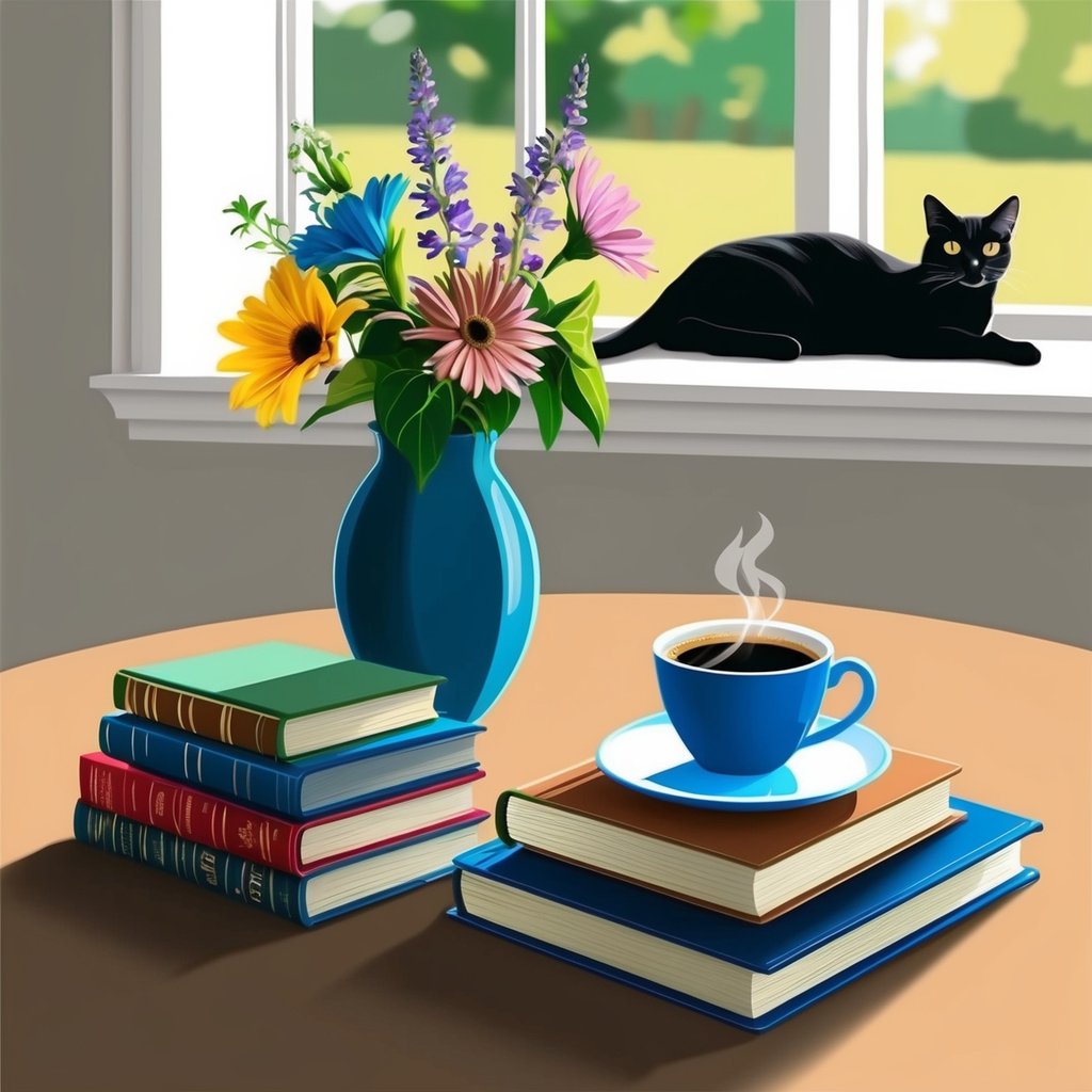 A table with a vase of flowers, a stack of books, and a cup of coffee. A cat lounges on the windowsill in the background