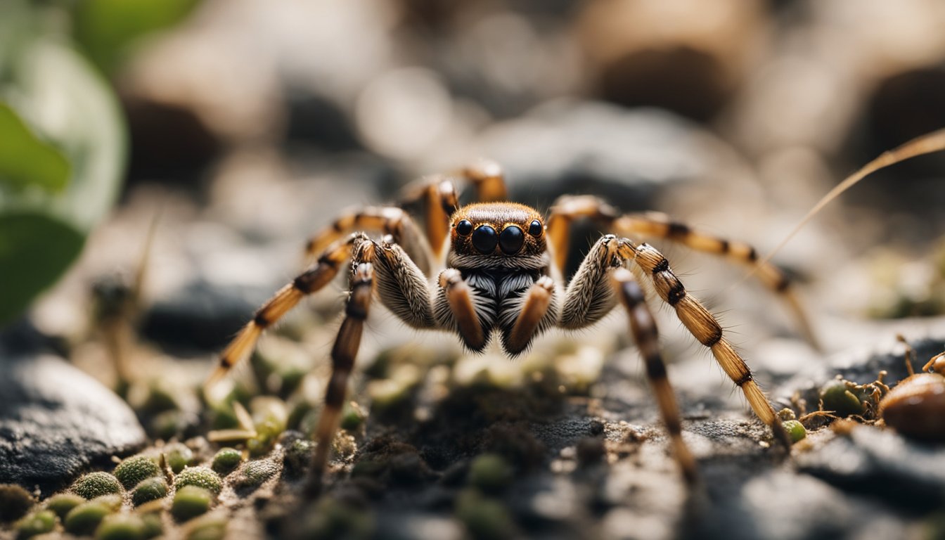 A spider crawling along a web, surrounded by various insects and other small creatures