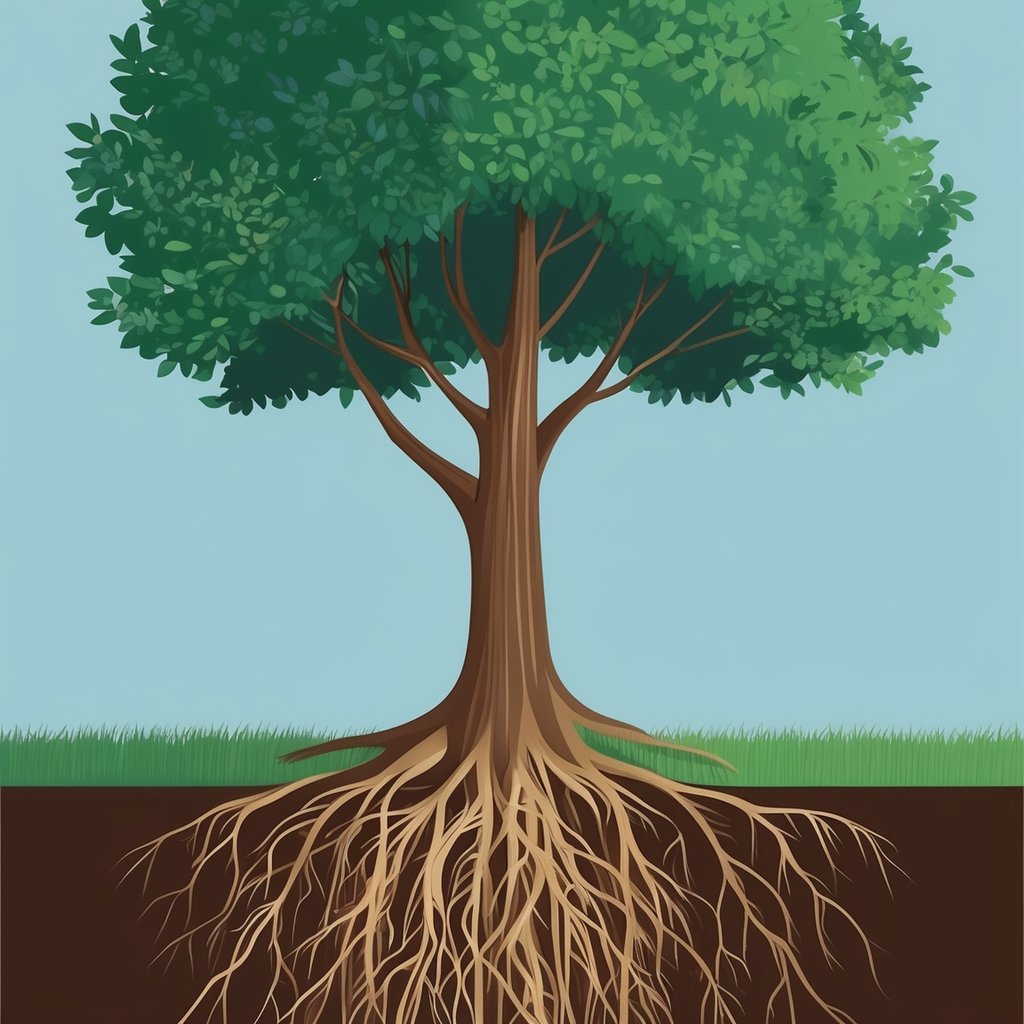 A tree with roots reaching deep into the ground, symbolizing the concept of "due to" or "as a result of."