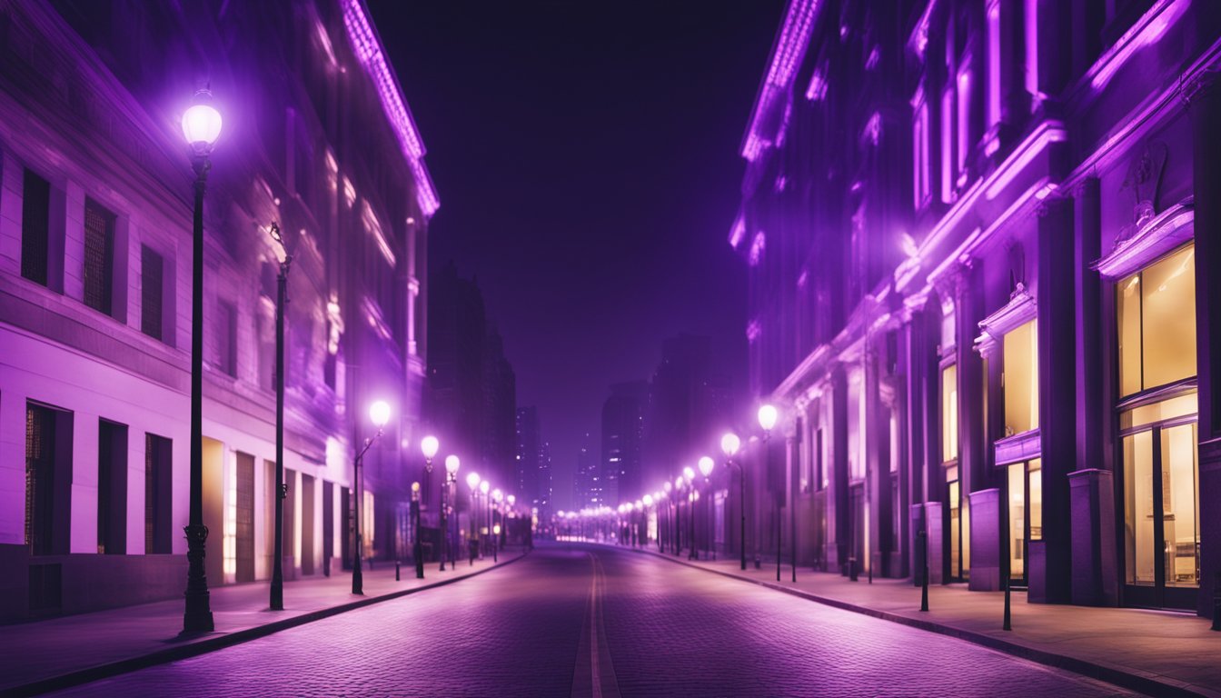 Purple street lights illuminate a deserted city street at night, casting an otherworldly glow on the empty buildings and empty sidewalks