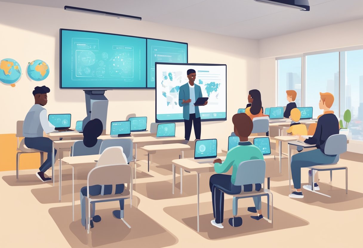 An AI robot teaching English to diverse students in a modern classroom with interactive screens and language learning materials