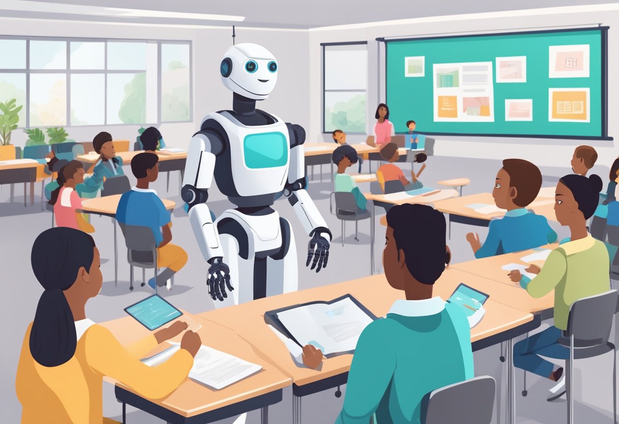 An AI robot teaching English to a group of diverse students in a modern classroom setting