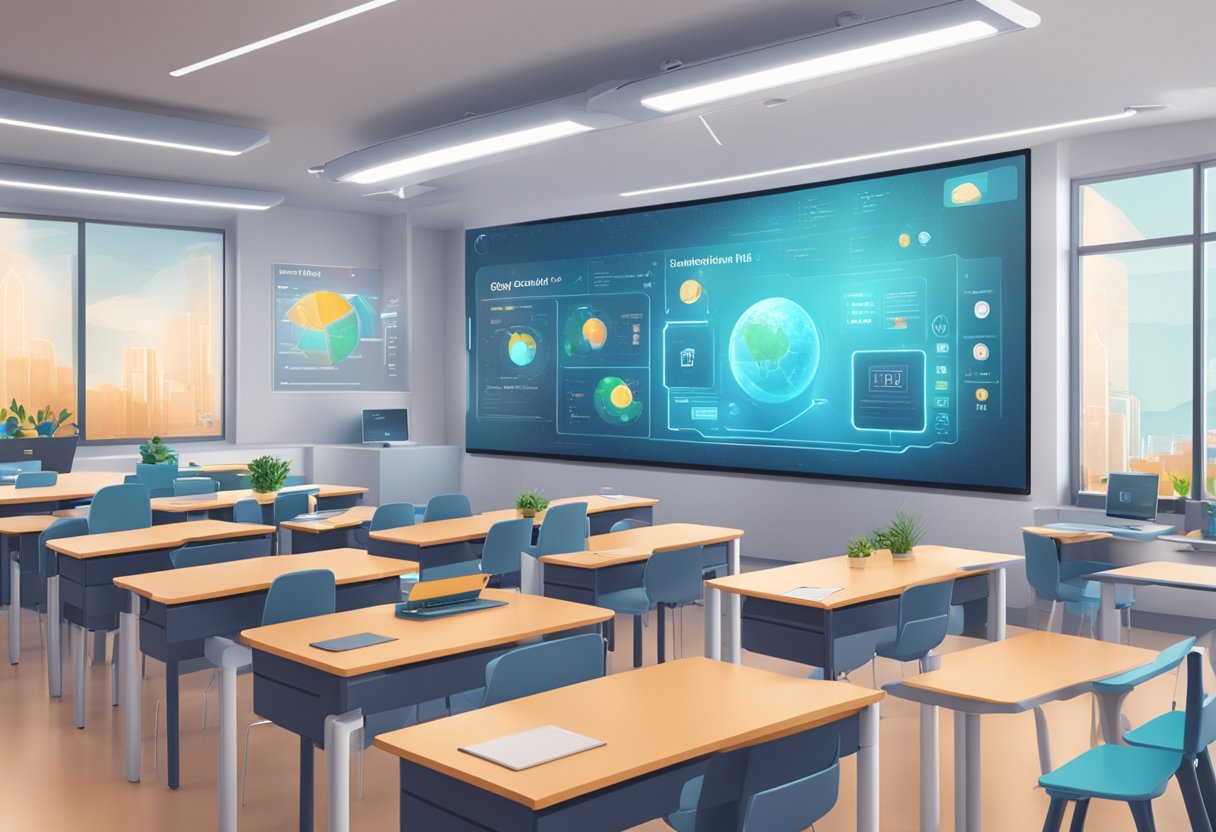 A futuristic classroom with AI-powered language learning tools and interactive digital displays