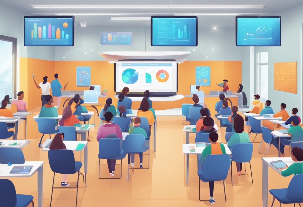 A futuristic classroom with AI-powered teaching tools and interactive digital screens, students engaged in language learning activities