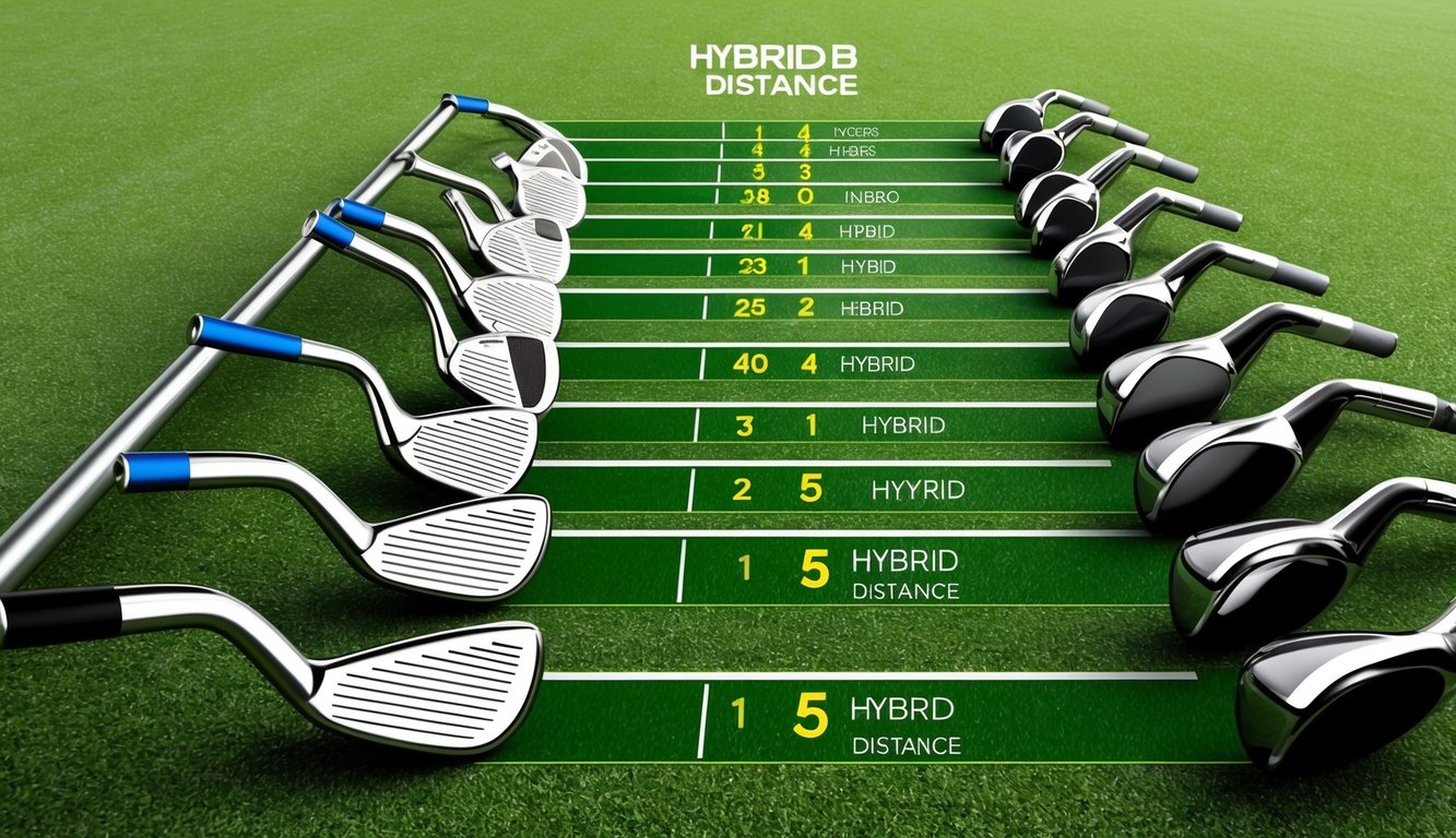 A golf club distance chart with various hybrid clubs laid out on a grassy fairway