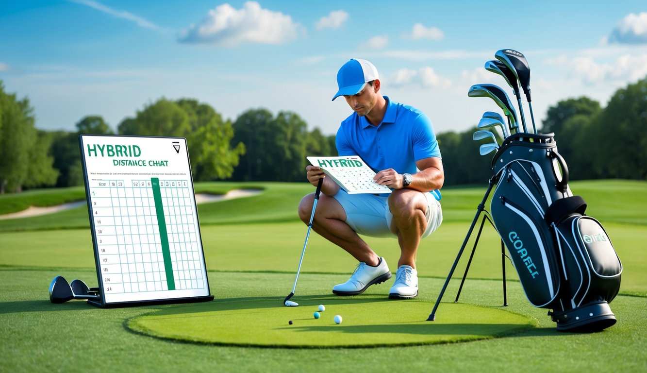 A golfer studying a hybrid distance chart on a green, with clubs and a golf bag nearby