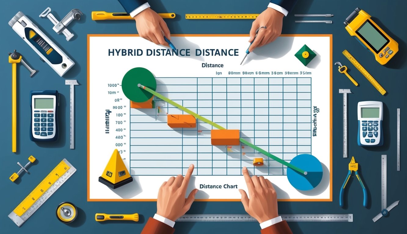 A hybrid distance chart surrounded by various measuring tools and technologies