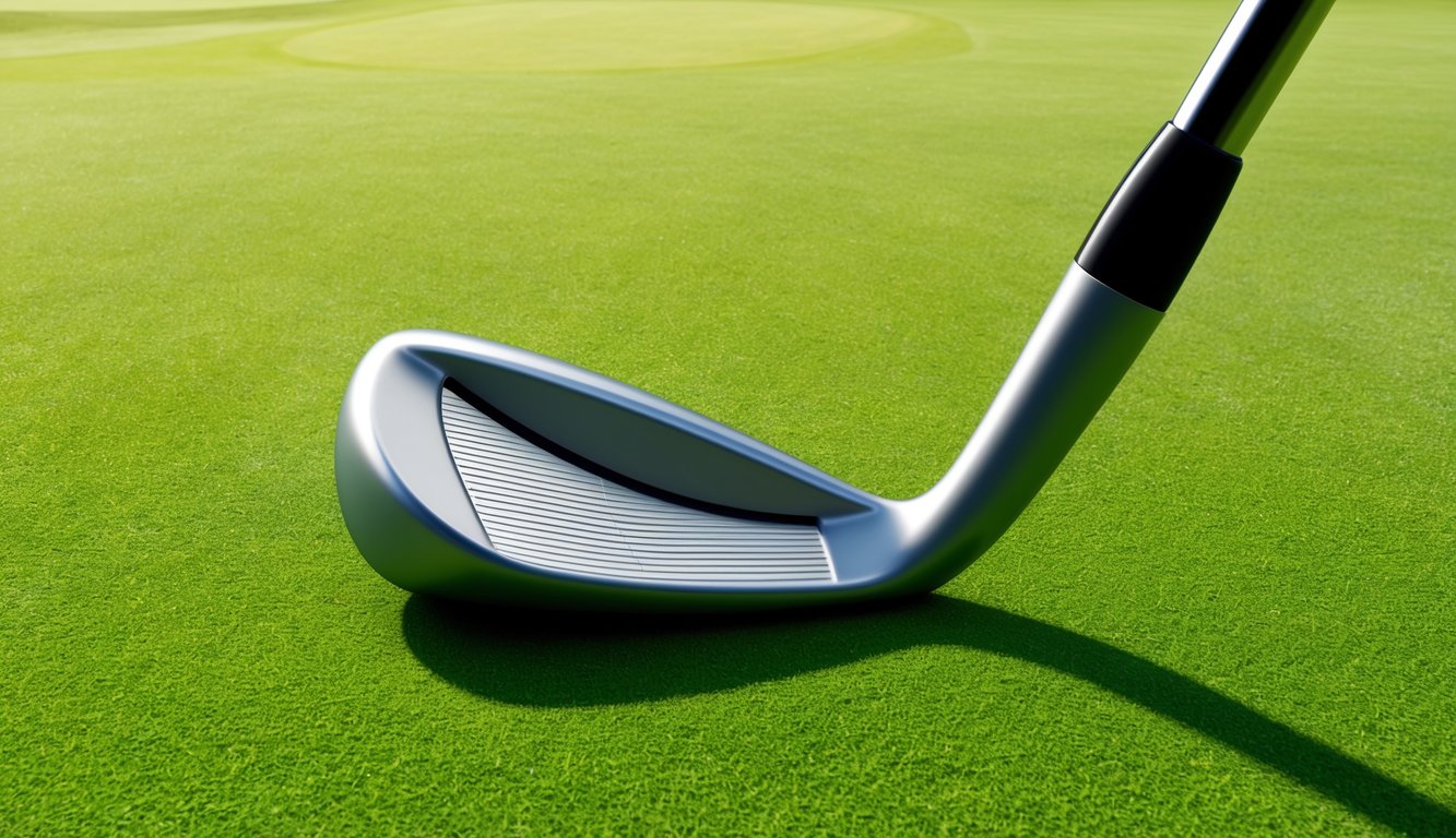 A sand wedge lies on a green golf course, positioned at a 56-degree angle with the clubface facing upwards