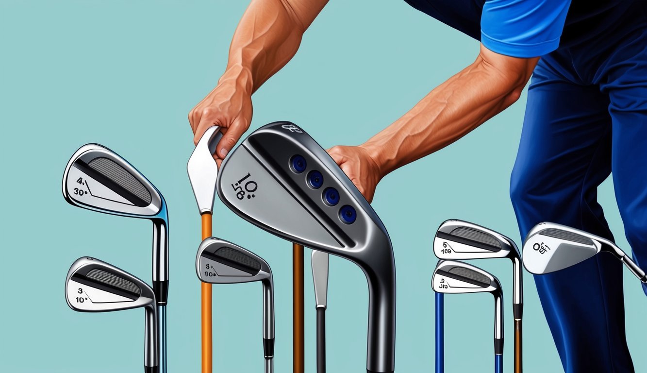 A golfer carefully chooses a sand wedge from a selection of clubs, examining the degree markings on each one