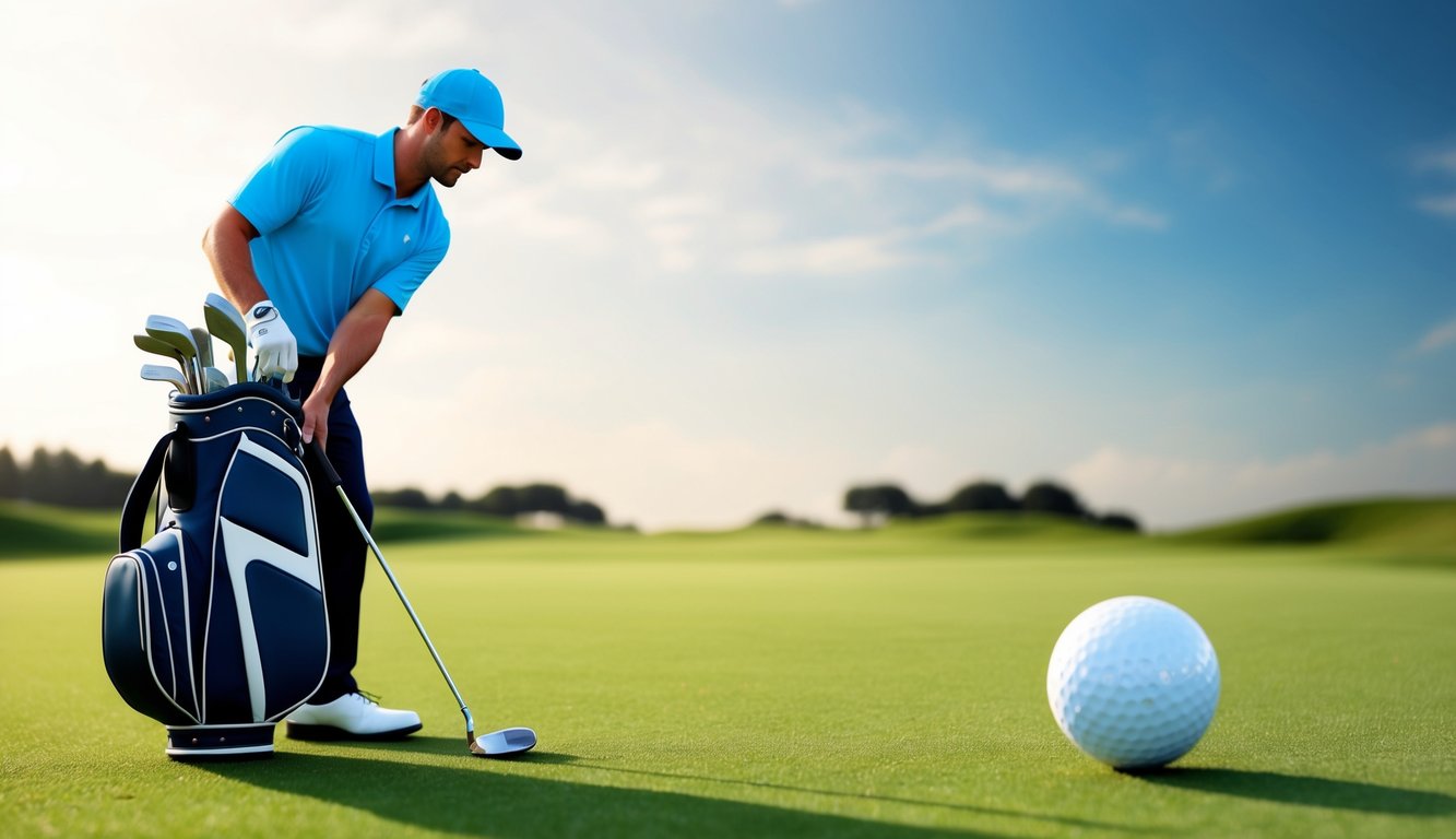 A golfer selects a sand wedge from their bag, positioned next to a golf ball on a pristine fairway, ready to optimize their wedge play