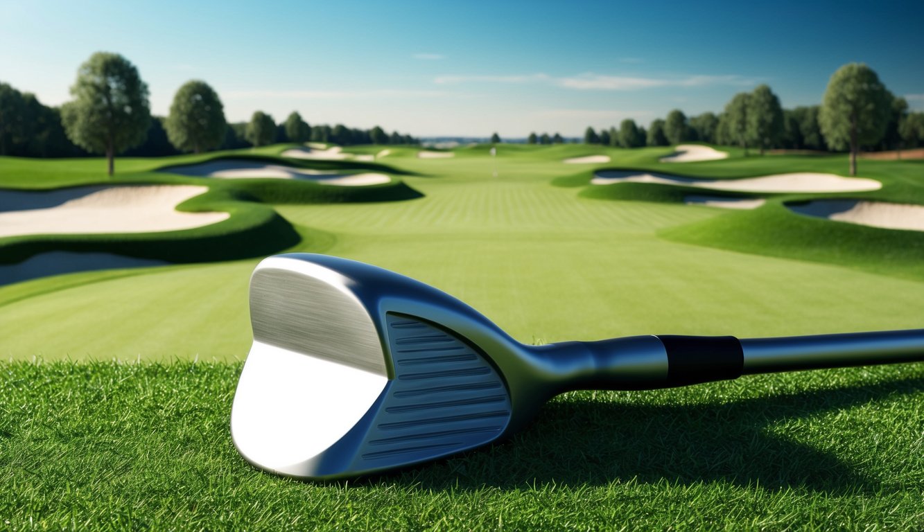 A sand wedge lies on a grassy golf course, surrounded by sand traps and distant trees under a clear blue sky