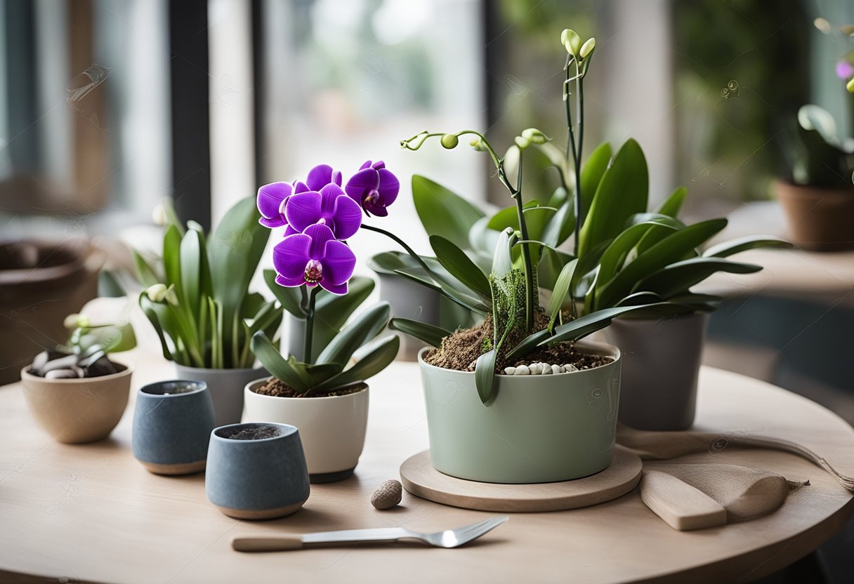 Uma mesa com vários materiais, como vasos, estacas e arame, junto com uma planta de orquídea vanda.