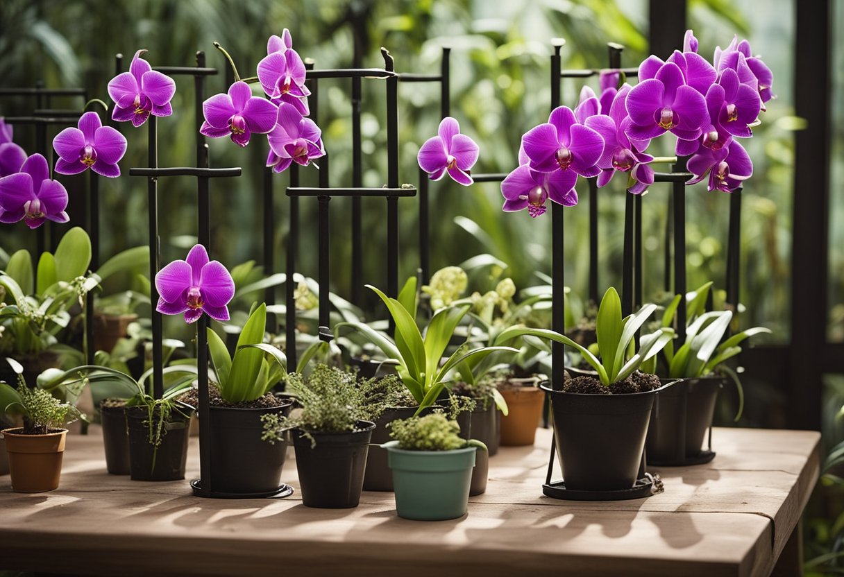 Uma mesa com 10 tipos diferentes de estruturas de suporte para orquídeas Vanda, incluindo treliças, estacas e cestas suspensas, cercada por ferramentas de jardinagem e vasos de terra.