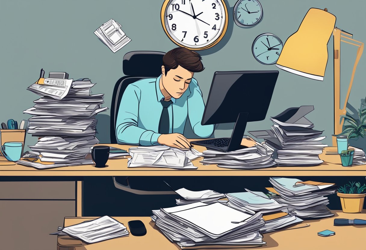 A cluttered desk with a computer, piles of paperwork, and a clock showing late hours. A person slumped in their chair, looking exhausted