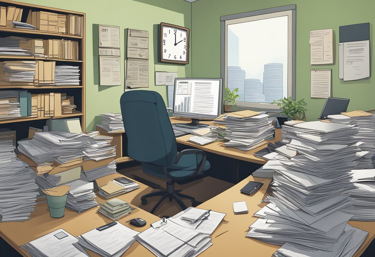 A cluttered desk with piles of paperwork, a clock showing late hours, and a stressed-out office environment