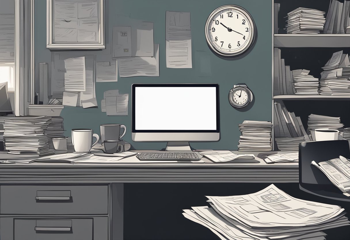 A cluttered desk with a computer, scattered papers, and a mug of coffee. A clock on the wall shows late evening. The room is dimly lit, with a heavy atmosphere