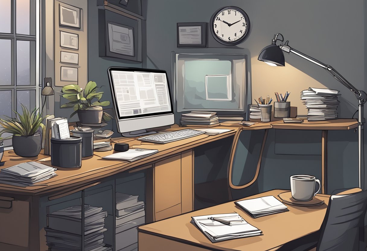 A cluttered desk with a computer, papers, and a coffee mug. A clock on the wall shows a late hour. The room is dimly lit, and the atmosphere feels heavy