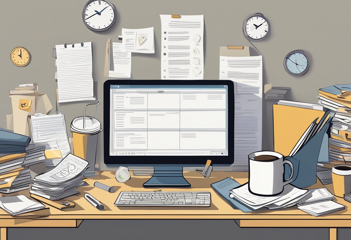 A cluttered desk with scattered papers, empty coffee cups, and a computer screen displaying a never-ending to-do list. A clock on the wall shows the time as late in the evening