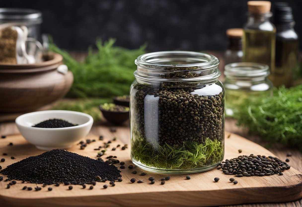 A clear glass jar filled with sea moss and black seed oil, surrounded by fresh seaweed and black seeds on a wooden table