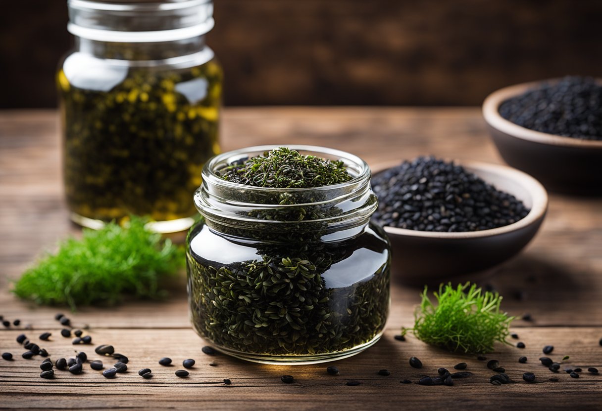 A glass jar of sea moss and black seed oil surrounded by fresh seaweed and black seeds on a wooden table