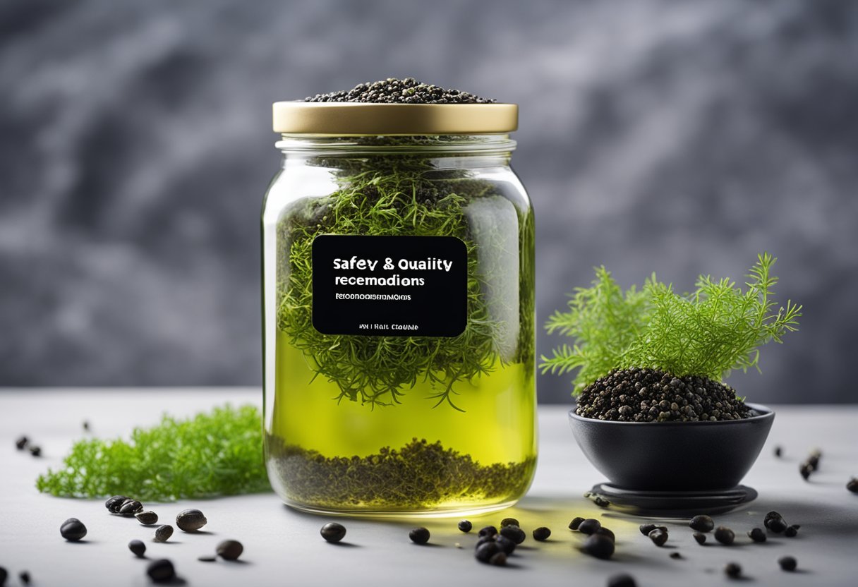 A glass jar filled with sea moss and black seed oil, surrounded by green seaweed and black seeds, with a label displaying "Safety, Quality, and Recommendations."