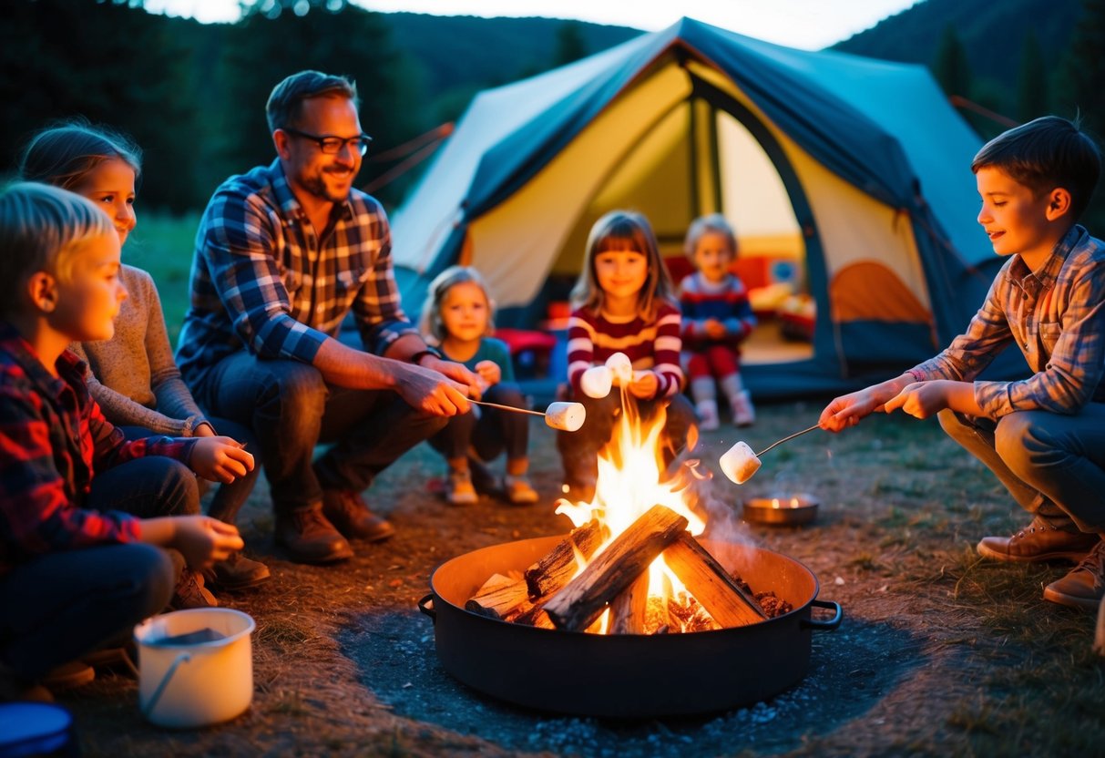 A family sits around a campfire roasting marshmallows, with a tent and child-friendly activities in the background