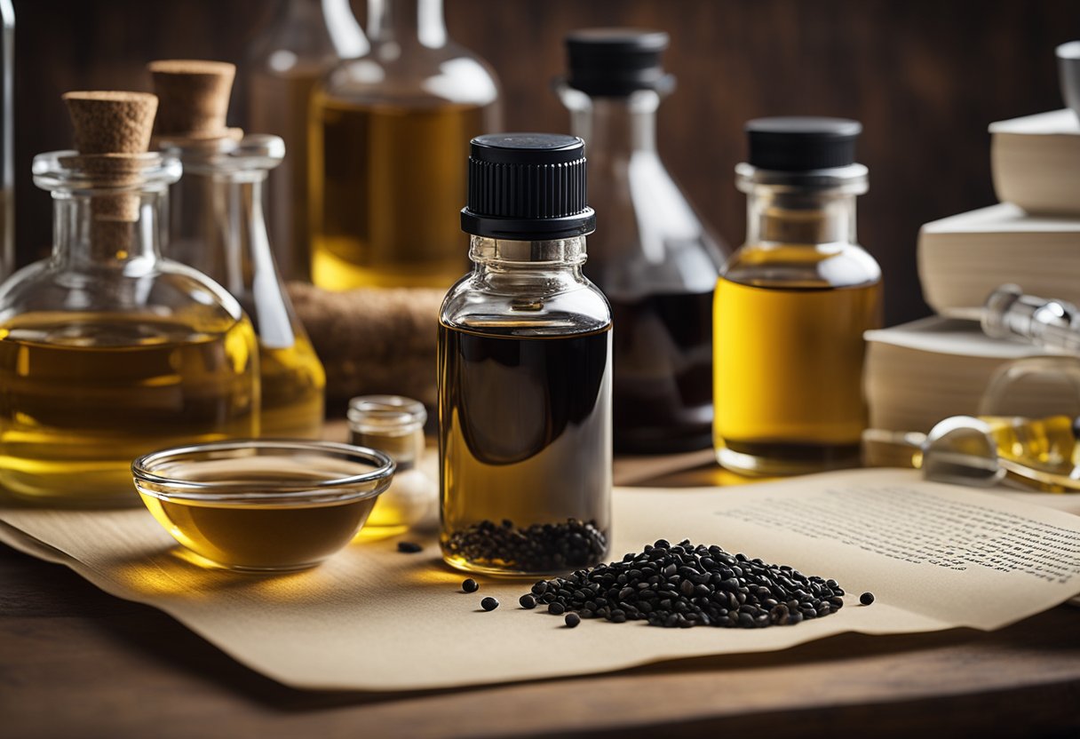 A bottle of black seed oil sits on a wooden table, surrounded by various scientific equipment and research papers. A dropper is poised to extract the oil