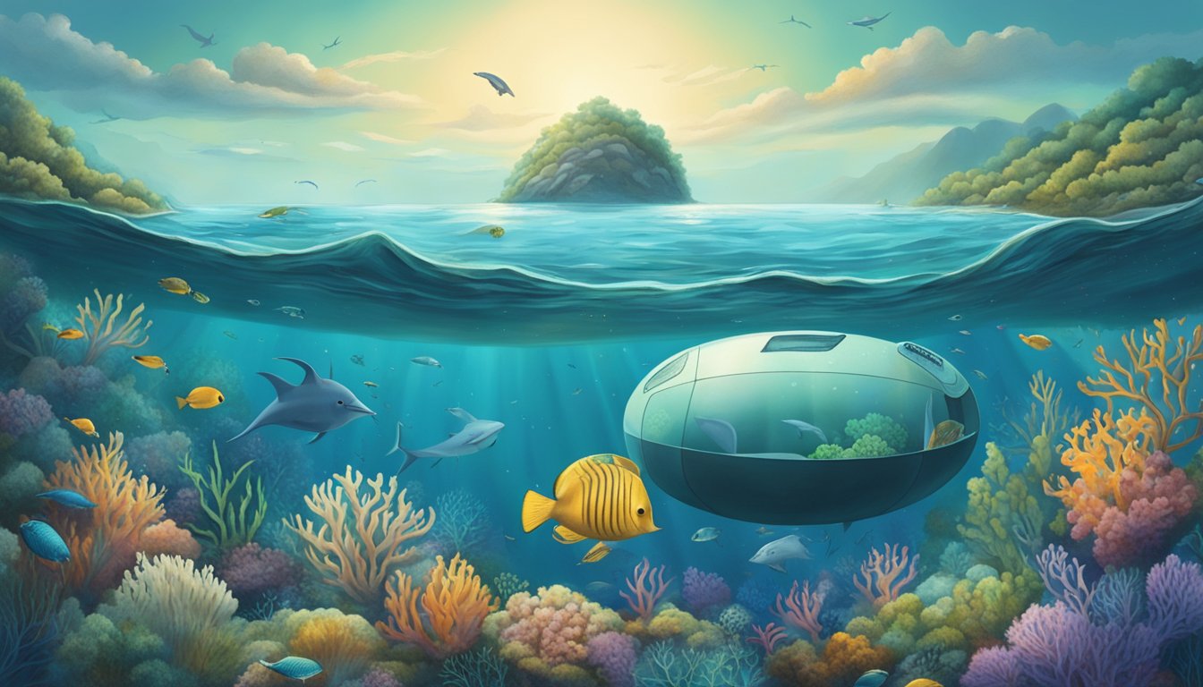 A serene ocean scene with a biodegradable burial pod sinking into the depths, surrounded by diverse marine life and a sense of peacefulness