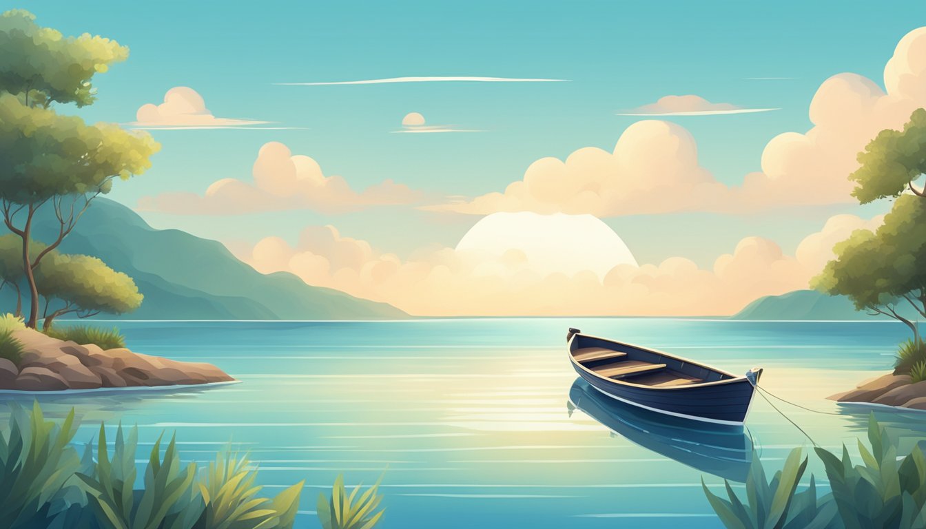 A serene ocean view with a boat floating on calm waters, surrounded by a peaceful natural setting, with a clear sky and gentle waves