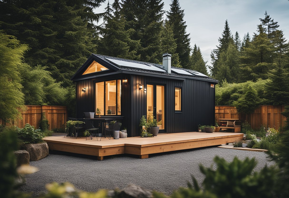 A cozy tiny home nestled in a lush backyard, with a separate entrance and modern amenities, showcasing the benefits of the BC Secondary Suite Incentive program