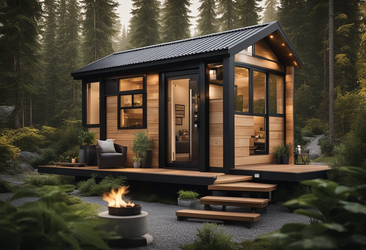 A cozy tiny home surrounded by lush greenery, with a separate entrance and modern amenities, showcasing the benefits of the BC Secondary Suite Incentive Program