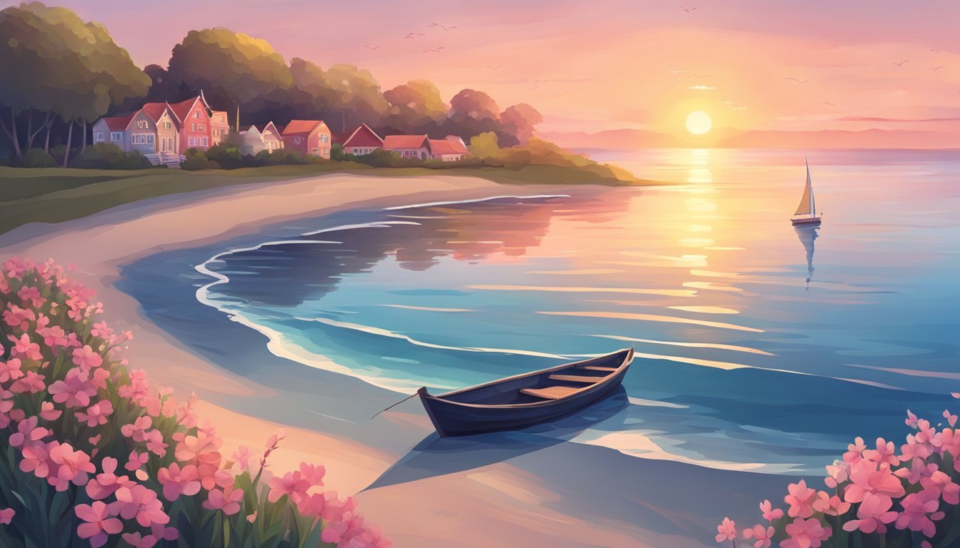 A serene beach at sunset, with calm waves and a lone boat anchored in the distance, surrounded by flowers and candles floating on the water