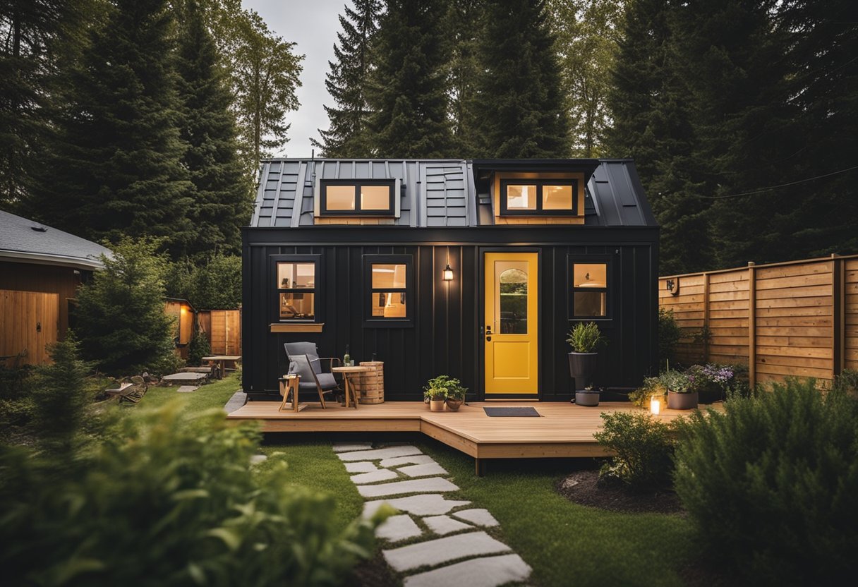 A tiny home nestled in a backyard, with a separate entrance and modern amenities. A sign indicates eligibility for the BC Secondary Suite Incentive program