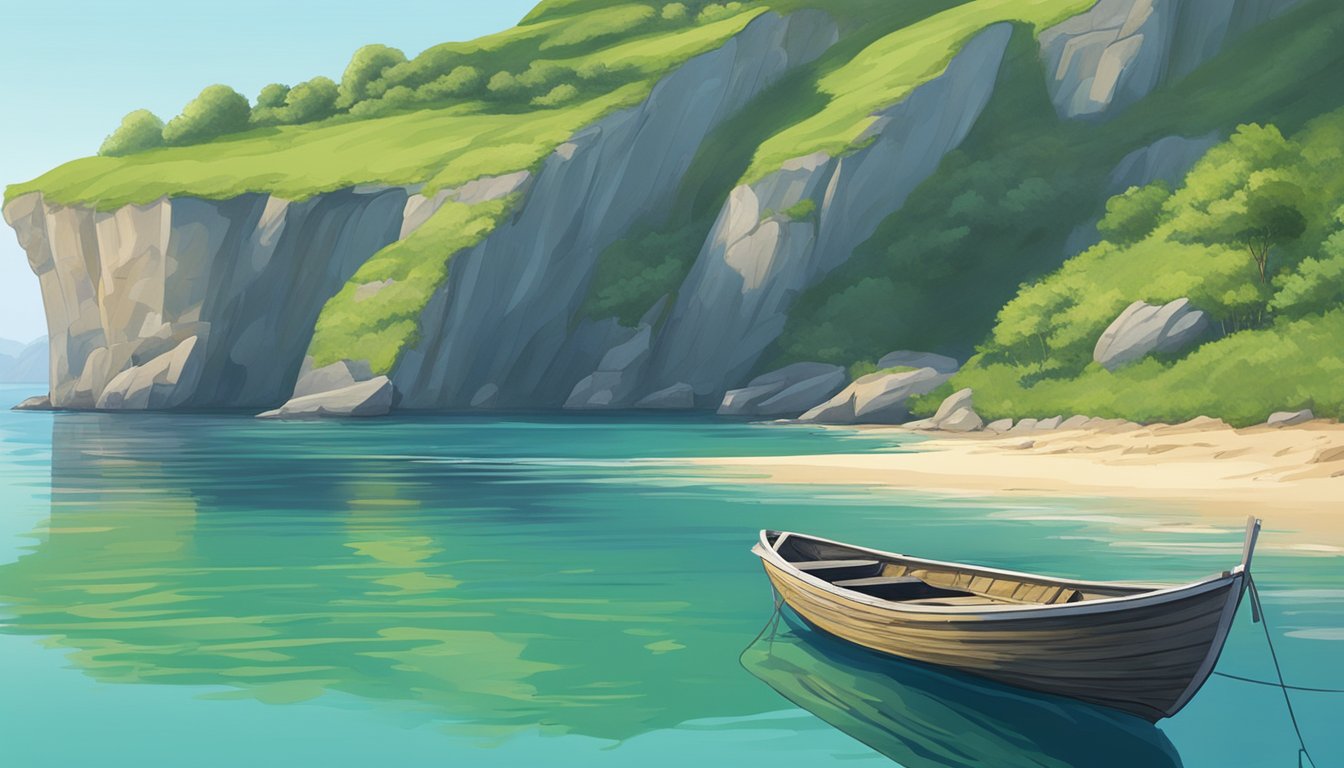 A serene ocean cove with calm waters, surrounded by lush green cliffs and a clear blue sky. A small boat floats in the distance, ready for the water burial ceremony