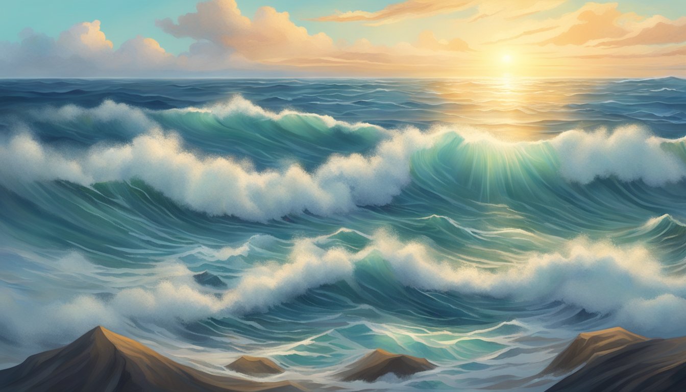 A serene ocean scene with a scattering of ashes being gently carried away by the wind and waves, surrounded by a vast expanse of water