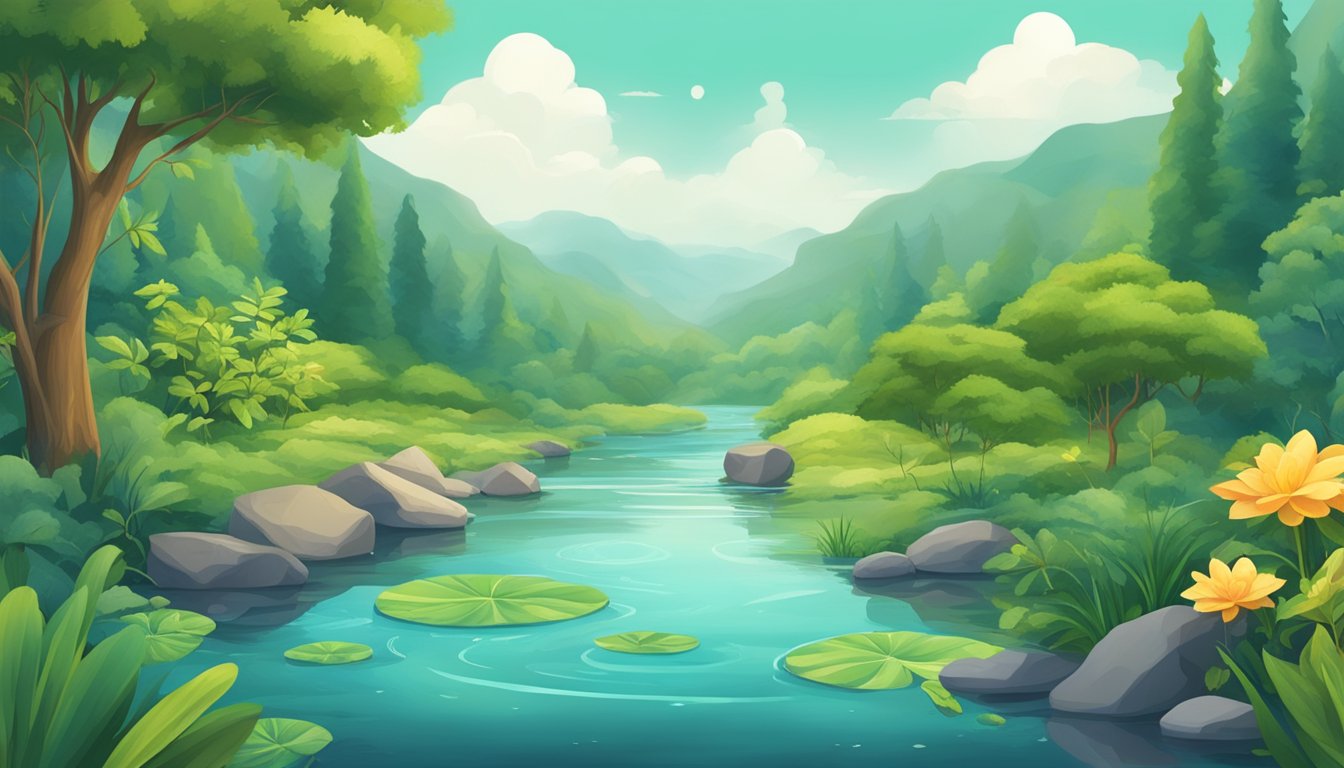 A serene river flowing through a lush landscape, with various symbolic objects and offerings floating on the water's surface