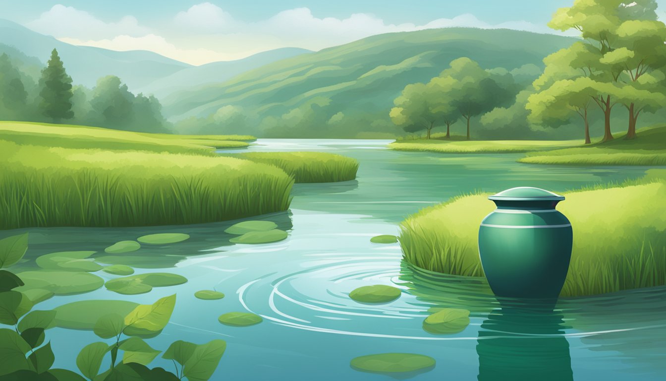 A serene river flowing through a lush green landscape, with a biodegradable burial urn gently floating on the water's surface