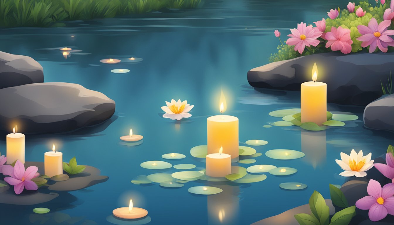 A serene riverbank with floating flower petals and candles, symbolizing the cultural significance of water burials across different religions