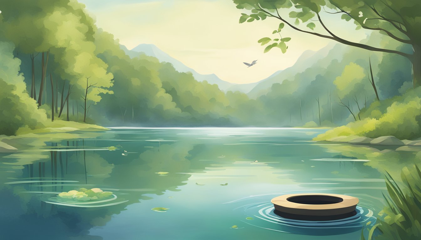 A serene lake surrounded by lush greenery, with a biodegradable urn gently floating on the water's surface, symbolizing the cultural and personal significance of eco-friendly water burials