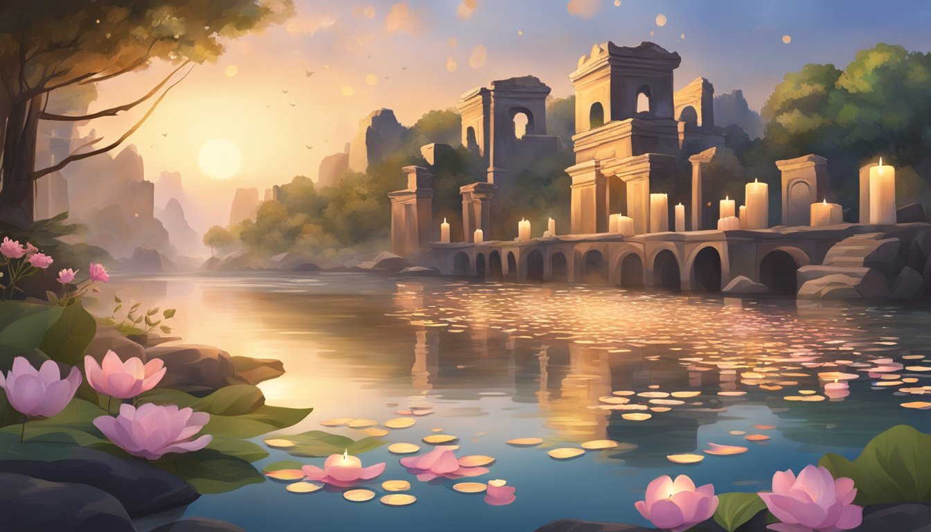 A serene riverbank with floating flower petals and candles, surrounded by ancient ruins and symbols of cultural significance